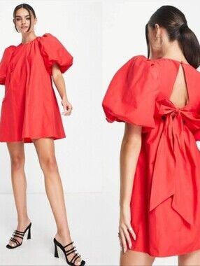 & Other Stories Red Open Back Volume Mini Dress
